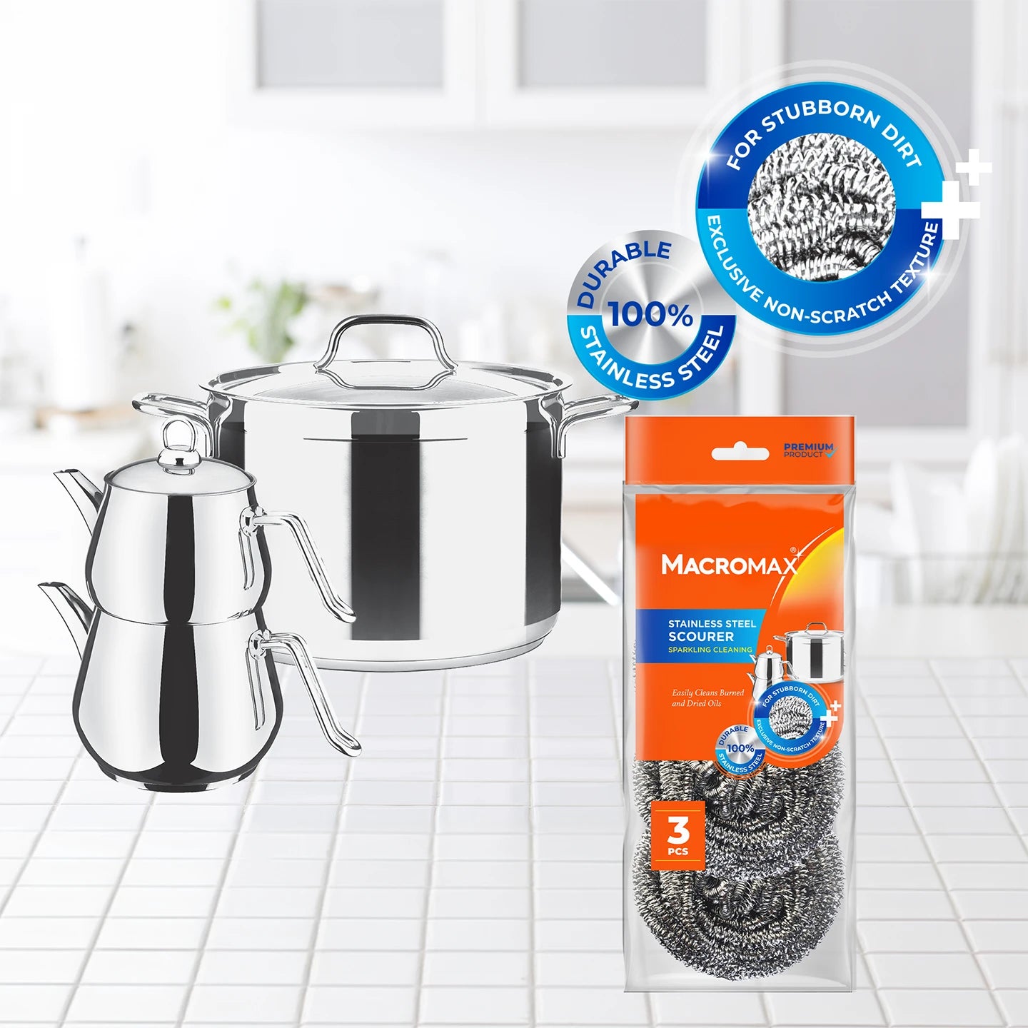 Macromax Stainless Steel Scourer – 3 Pieces Set