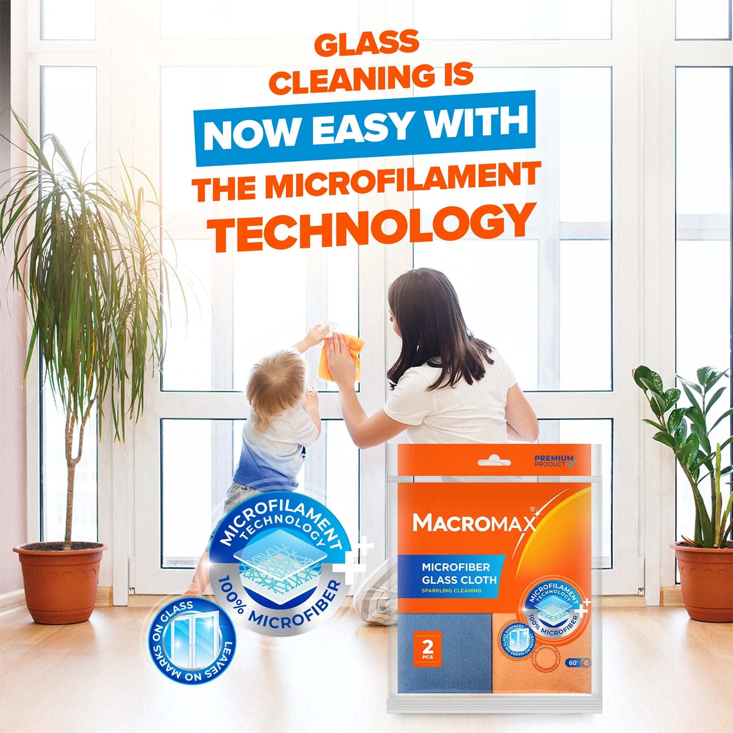 Macromax Microfibre Glass Cloth Set of 2 with Microfilament Technology Stain and Non-Marking Mirror Cloth