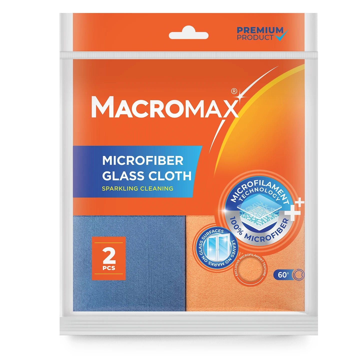 Macromax Microfibre Glass Cloth Set of 2 with Microfilament Technology Stain and Non-Marking Mirror Cloth
