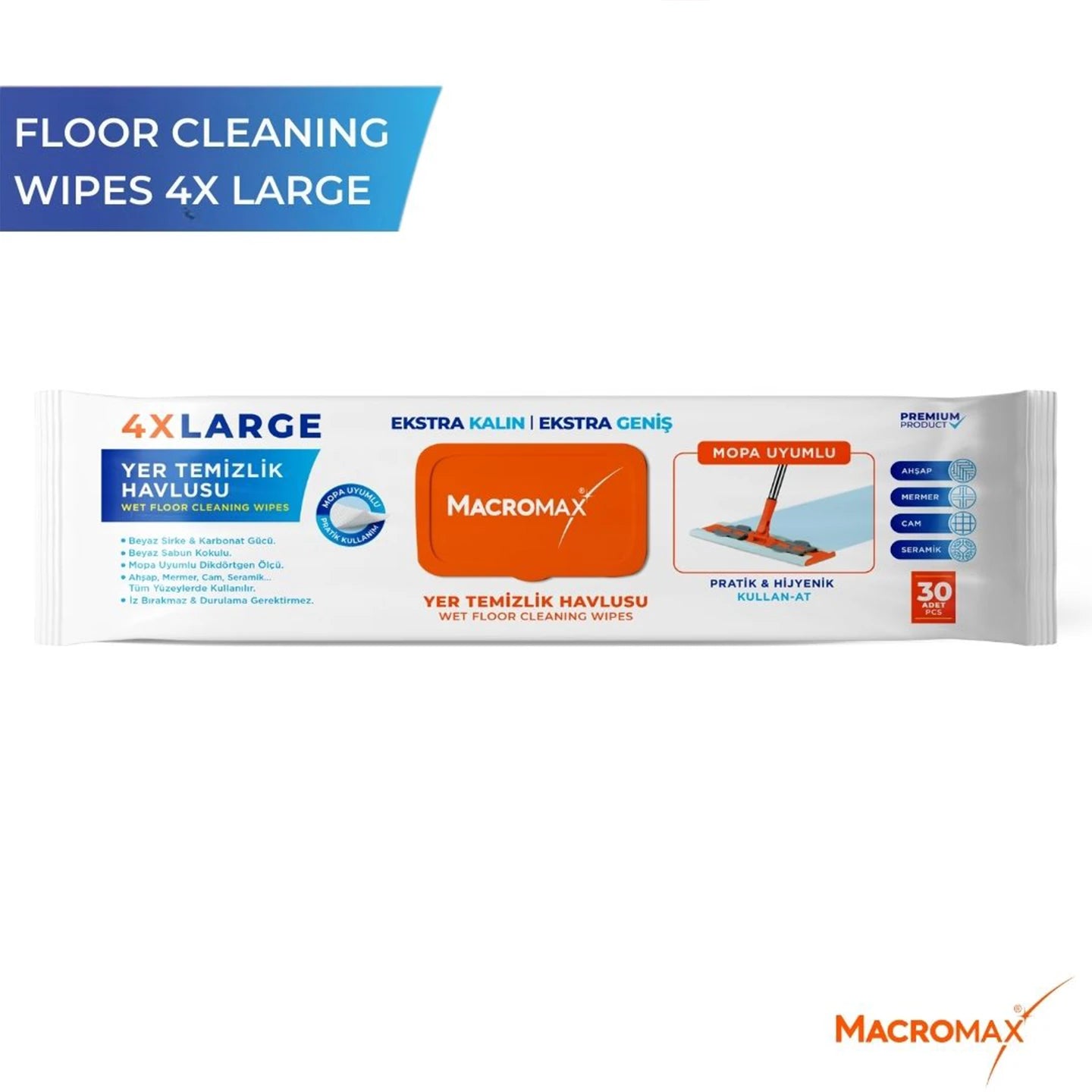 Macromax Wet Floor Cleaning Wipes 4X Large – 30 Pieces