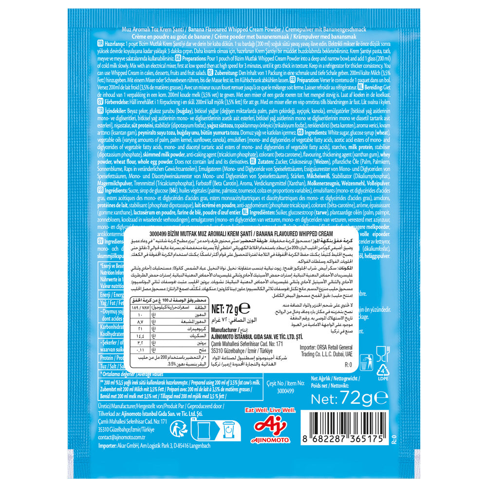 Bizim Mutfak Banana Flavoured Whipped Cream 72g x2 | Dessert Topping Powder Mix