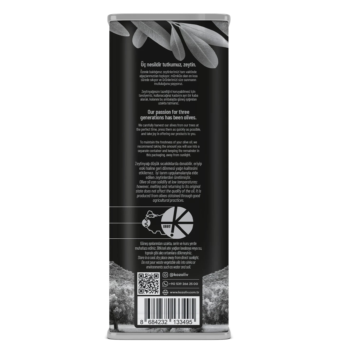 Kozoliv Cold Pressed Extra Virgin Premium Turkish Ayvalik Olive Oil 1 Liter