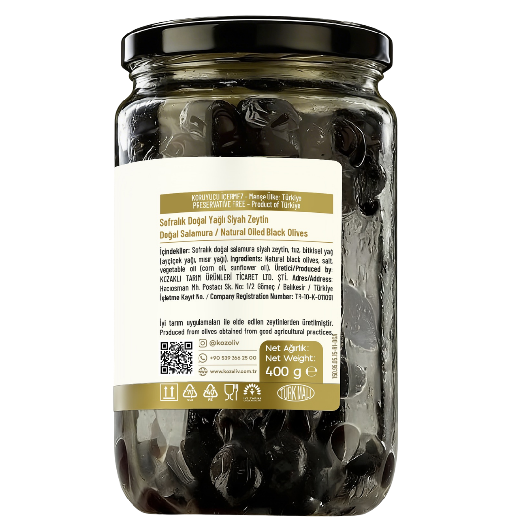 Kozoliv Premium Turkish Black Olives 400g – Oiled, Rich Flavor, Traditional Turkish Style, Ready to Serve