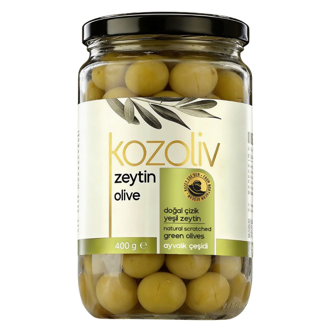 Kozoliv Premium Turkish Green Olives 400g – Scratched Style, Natural Brine, Authentic Mediterranean Taste