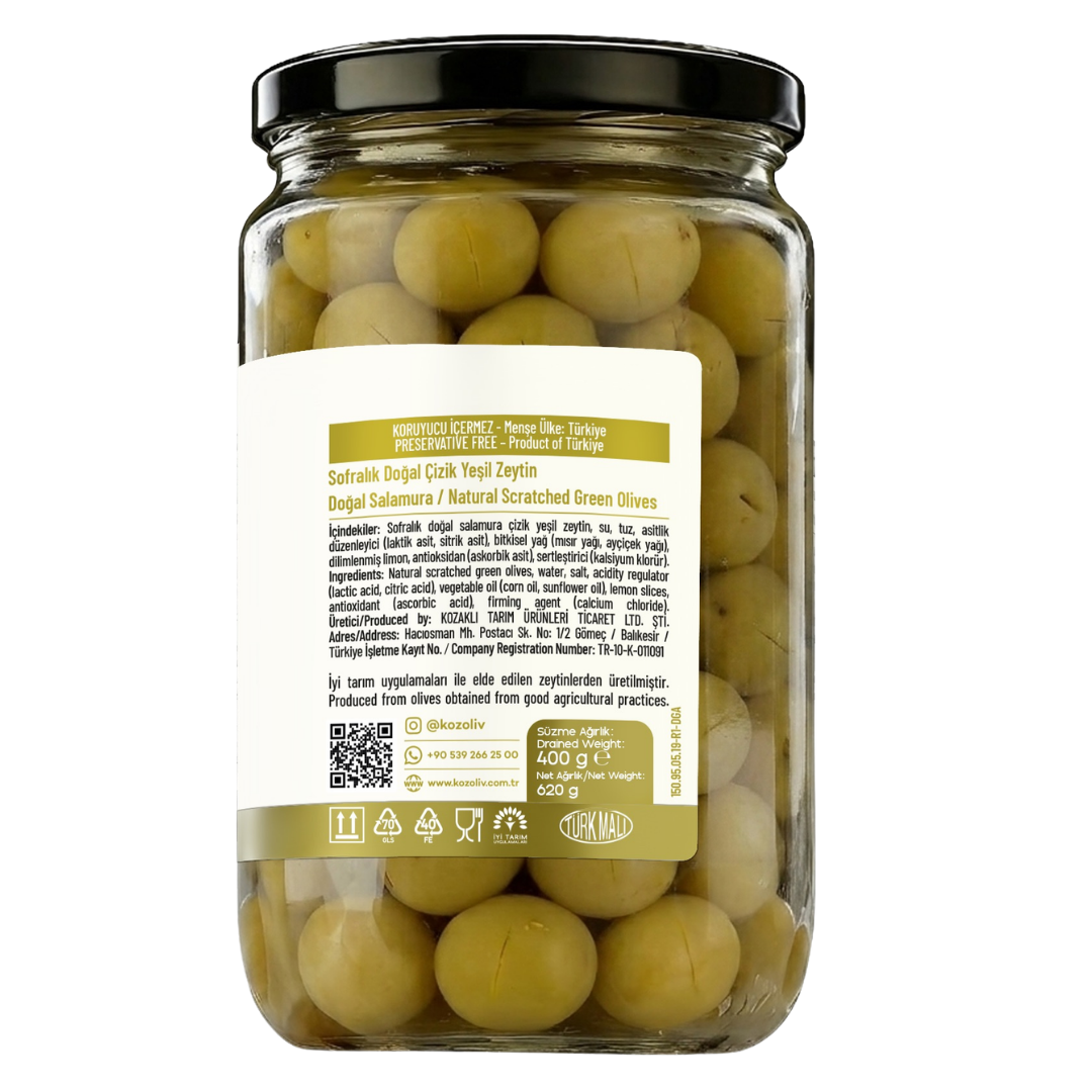 Kozoliv Premium Turkish Green Olives 400g – Scratched Style, Natural Brine, Authentic Mediterranean Taste