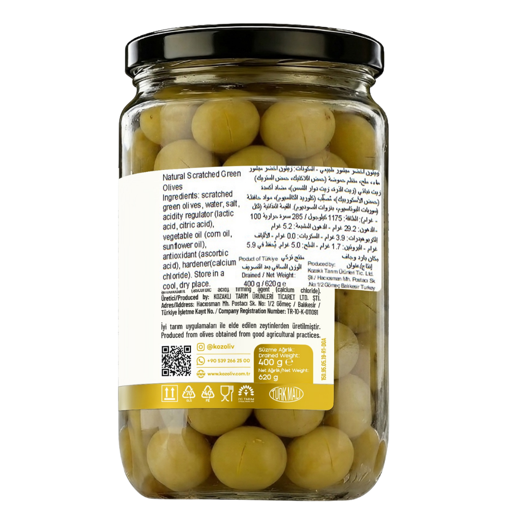 Kozoliv Premium Turkish Green Olives 400g – Scratched Style, Natural Brine, Authentic Mediterranean Taste
