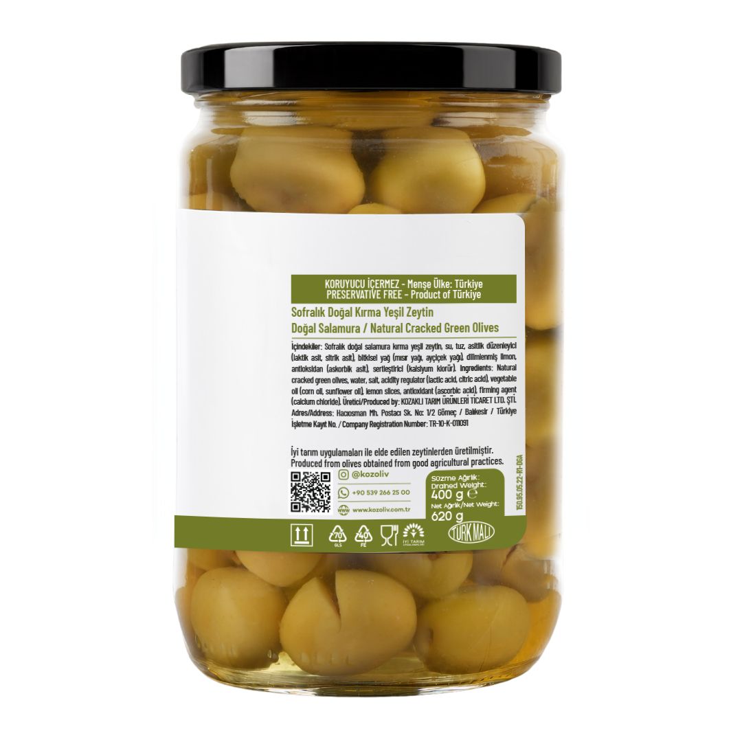 Kozoliv Premium Turkish Cracked Green Olives in Brine 400g – Traditional Style, Ready to Eat, Authentic Mediterranean Flavor