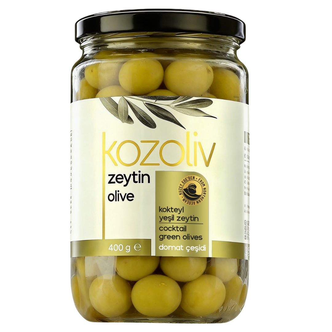 Kozoliv Premium Turkish Green Olives 400g – Cocktail Size, Ready to Eat, Authentic Mediterranean Flavor