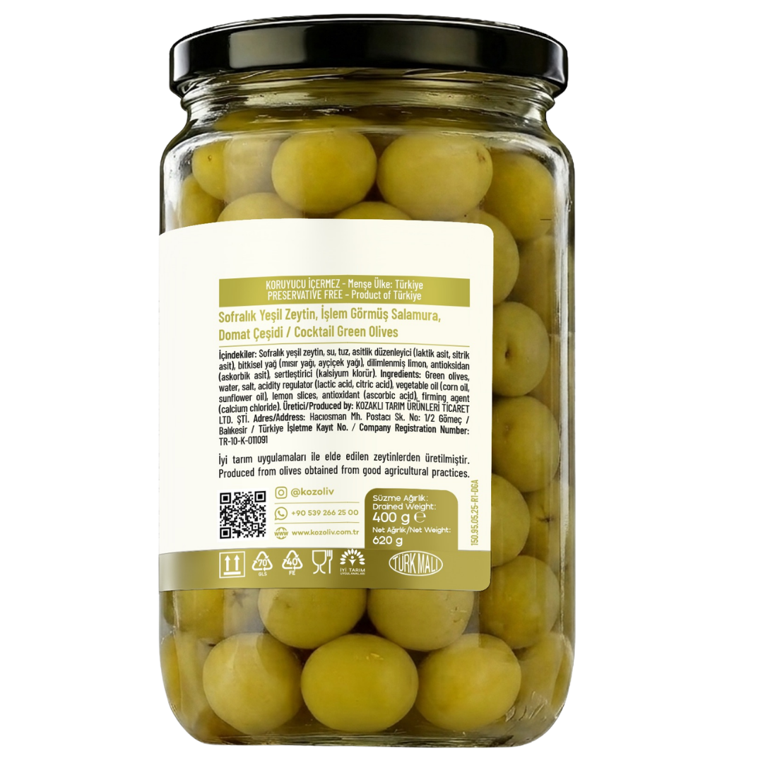 Kozoliv Premium Turkish Green Olives 400g – Cocktail Size, Ready to Eat, Authentic Mediterranean Flavor