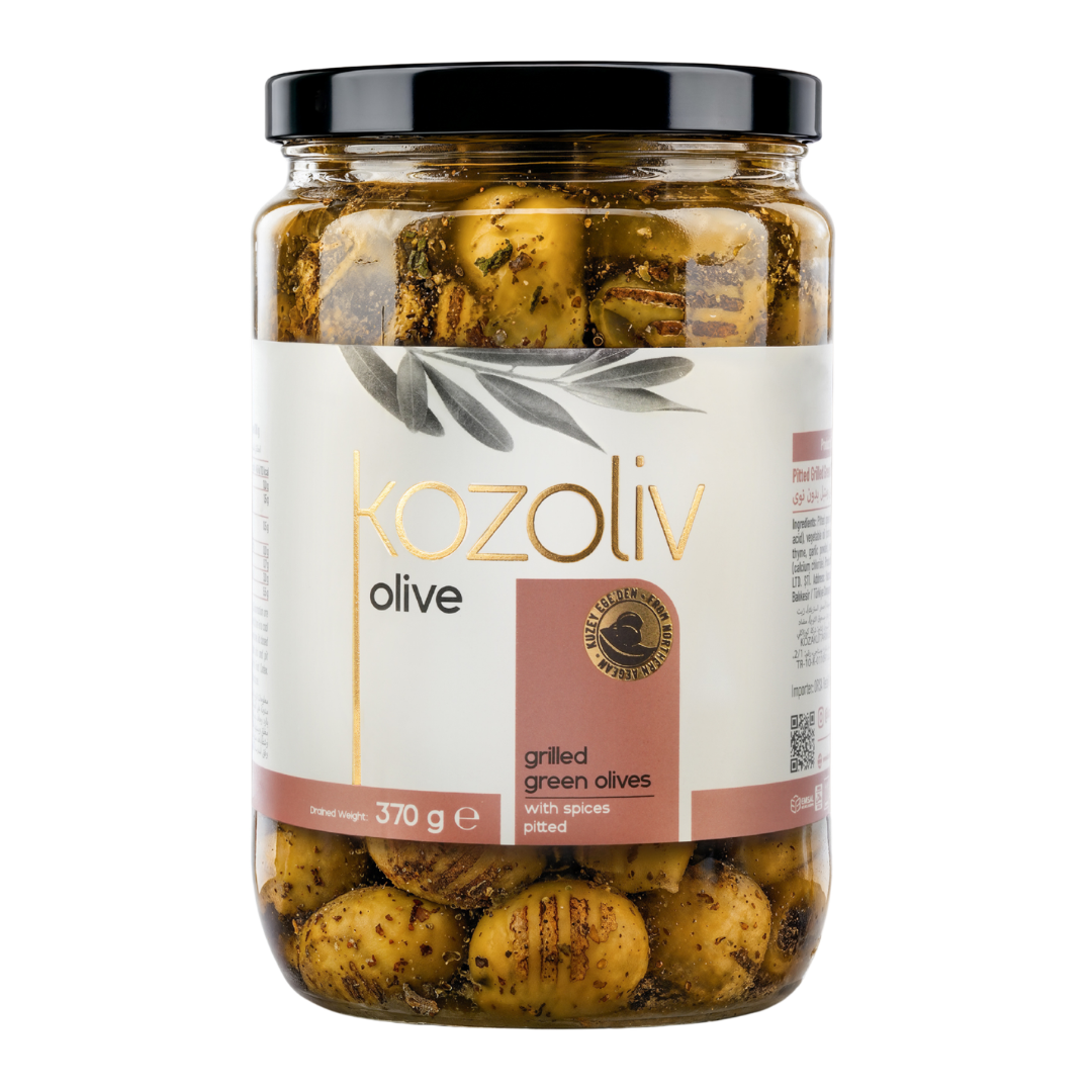 Kozoliv Premium Turkish Pitted Grilled Green Olives in Brine 300g – Smoky Mediterranean Flavor, Ready to Eat