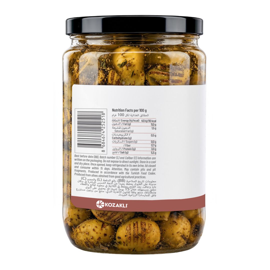 Kozoliv Premium Turkish Pitted Grilled Green Olives in Brine 300g – Smoky Mediterranean Flavor, Ready to Eat